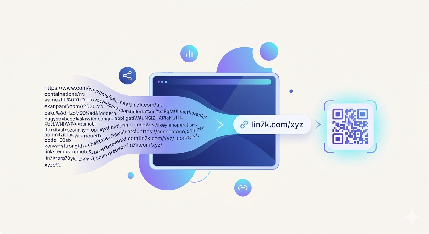 Ilustração de URL longa se transformando em link curto e QR Code