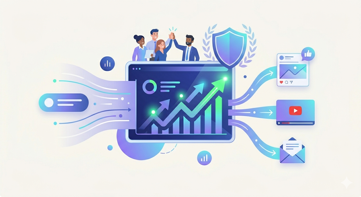 Ilustração de painel de controle mostrando crescimento de cliques e sucesso de campanha